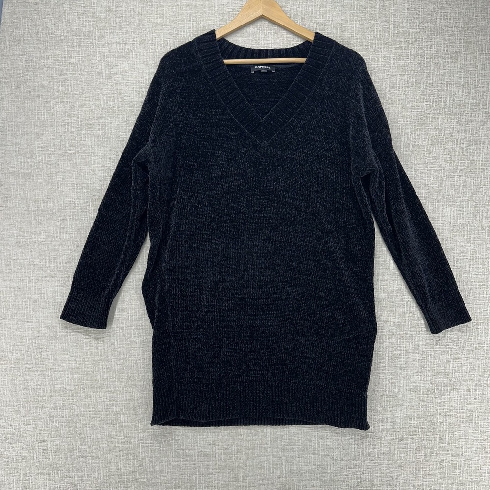 Express‎ Sweater Womens XS Black Tunic V Neck 3/4 Sleeve Chenille Knit Pullover